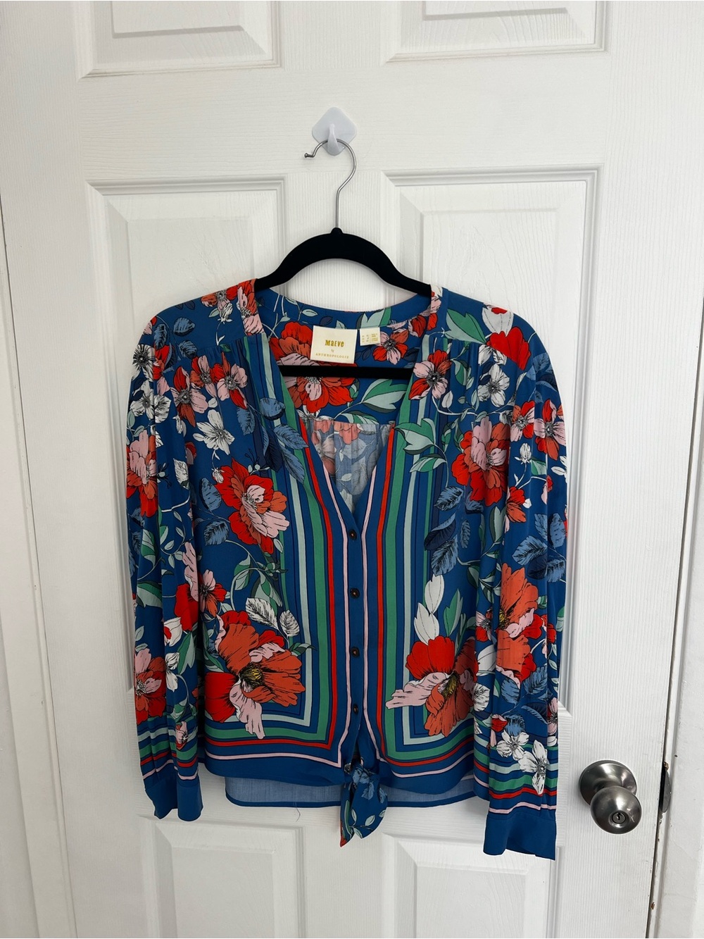 Anthropologie Maeve Blue Floral Blouse with Red and Pink Blooms